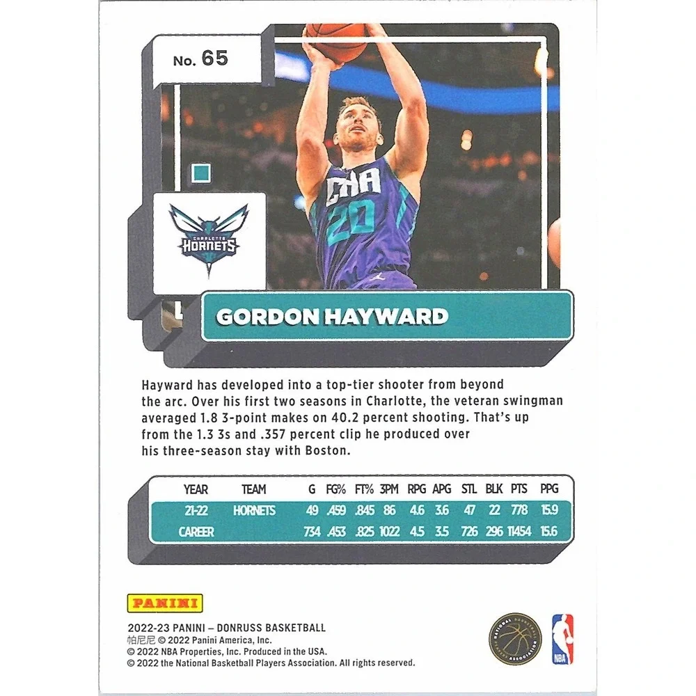 Donruss Gordon Hayward 2022-23 Panini Basketball Card #65 Charlotte Hornets NBA